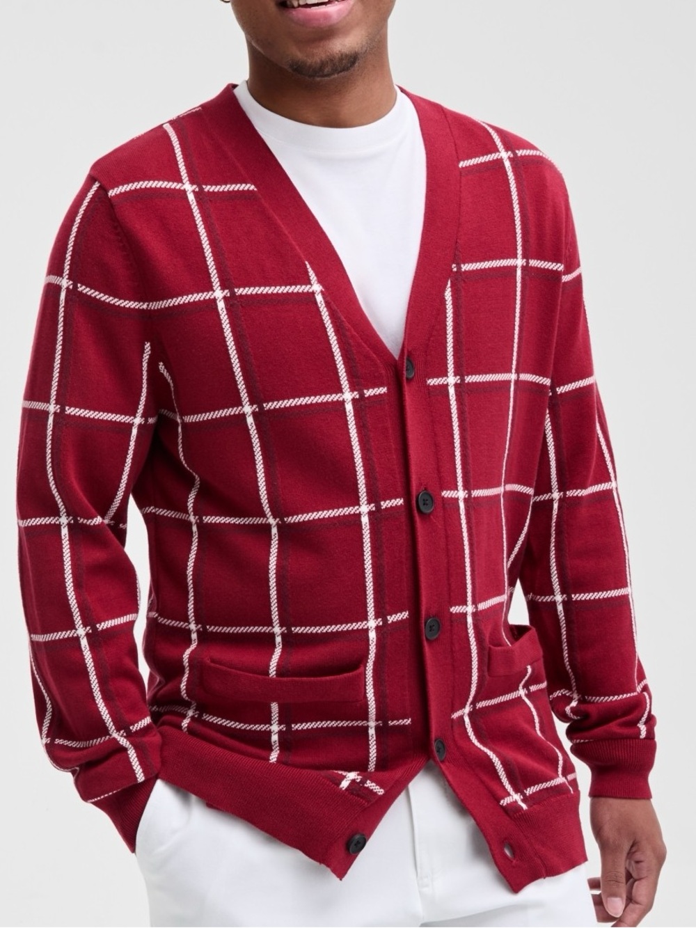 Club Room Men's Cotton Windowpane Plaid Frat Cardigan Sweater